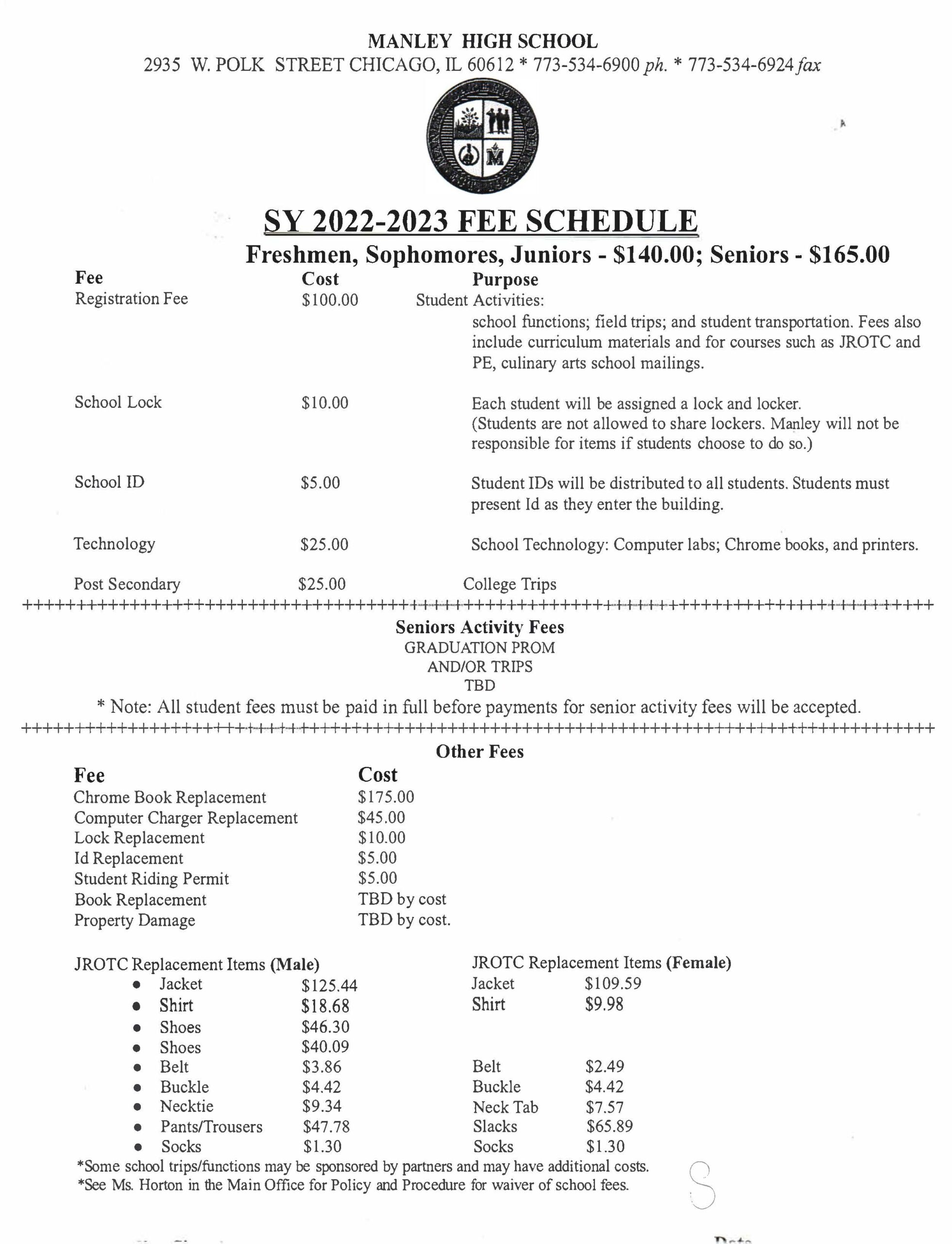 SY 202223 Fee Schedule Manley Career Academy High School